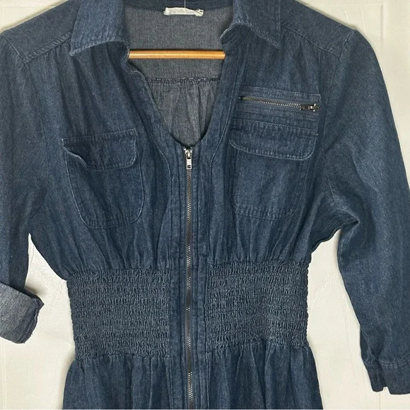 Denim Zip‑Front Utility Dress Small Smocked Waist Roll‑Tab Sleeves - Picture 2 of 7
